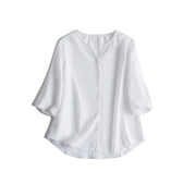 Pure Linen Women Casual Shirt V-Neck Loose Fit