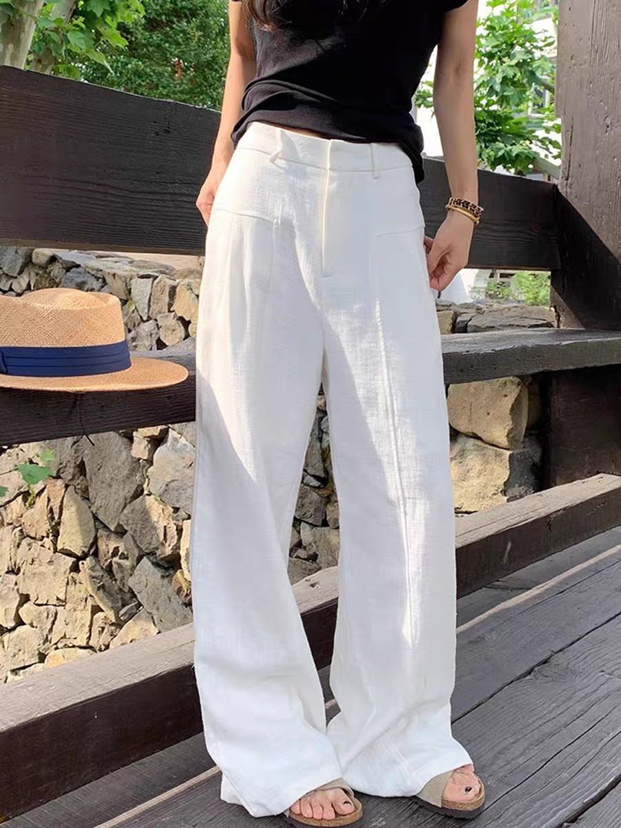 Womens High Waisted Linen Wide Leg Trousers