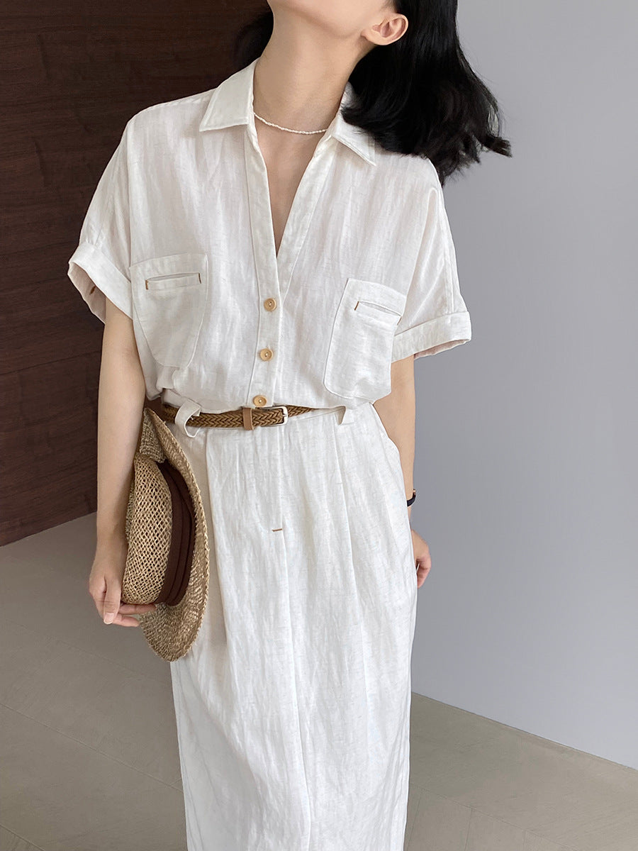 Womens Linen A-line Dress with Belt