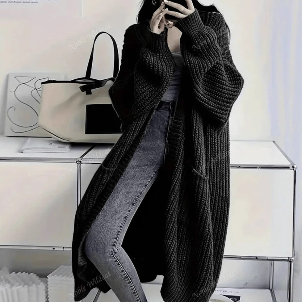 Long Open-Front Cardigan in Acrylic-Polyester Knit