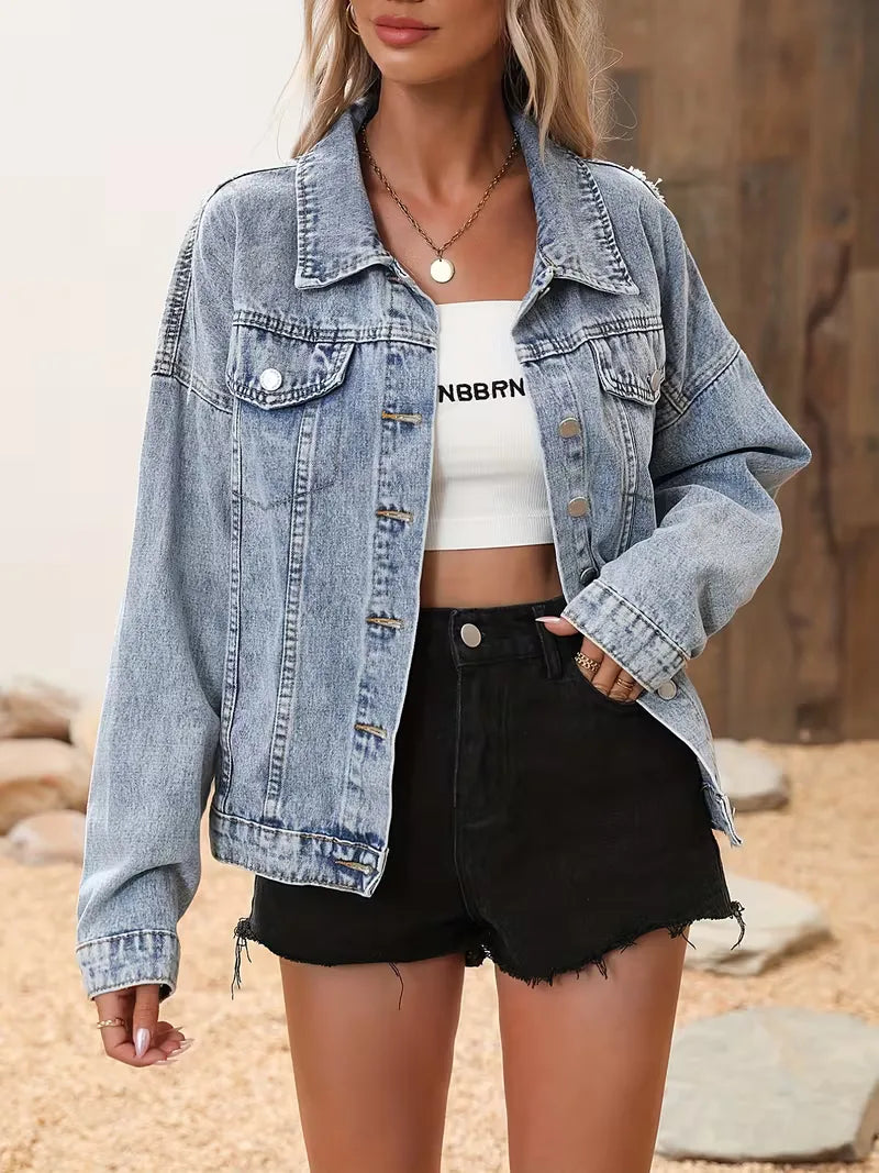 Dames oversized spijkerjas met pailletten franjedetail