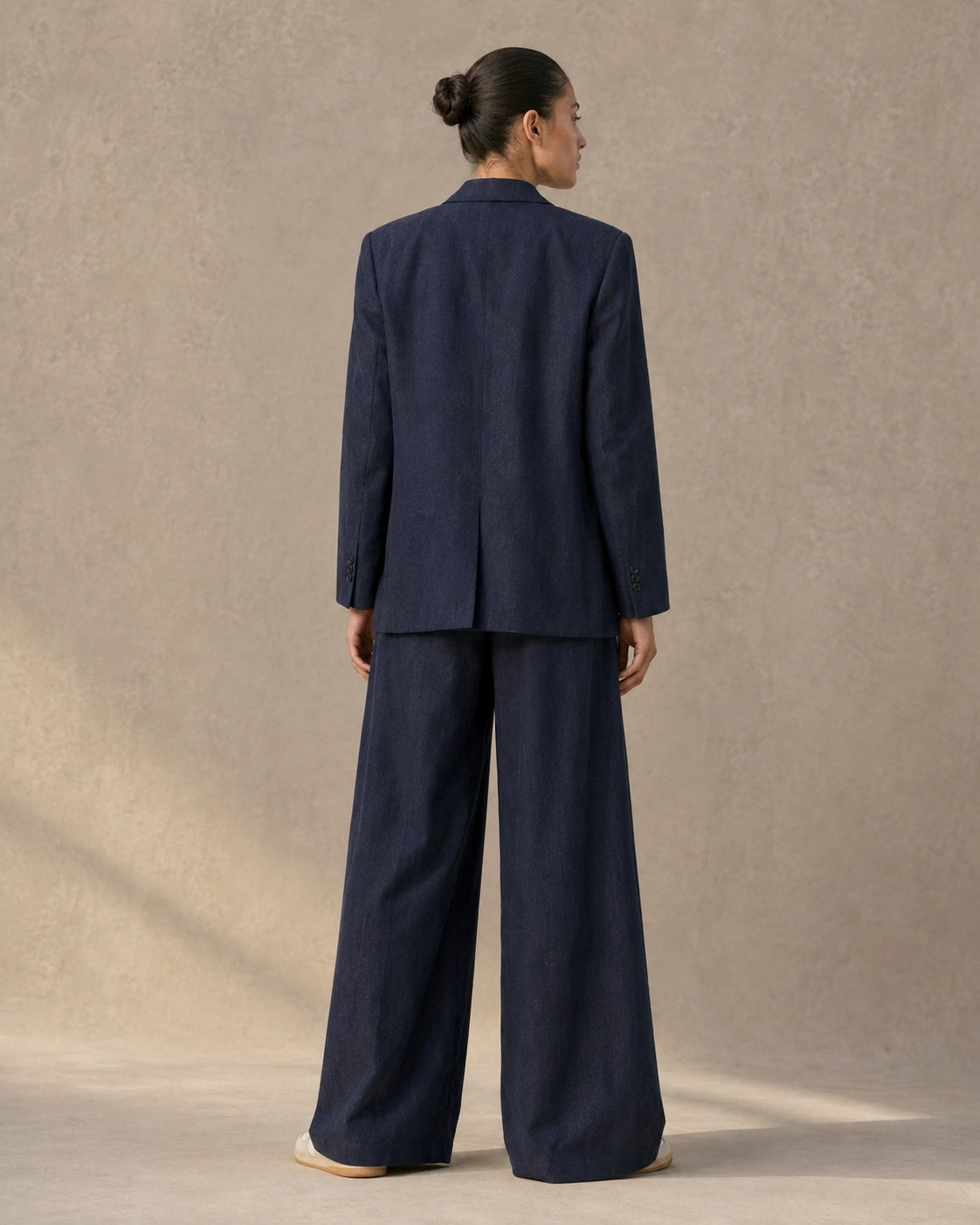 Apricot tencel-linen blazer and tailored trousers co-ord set, styled shot.