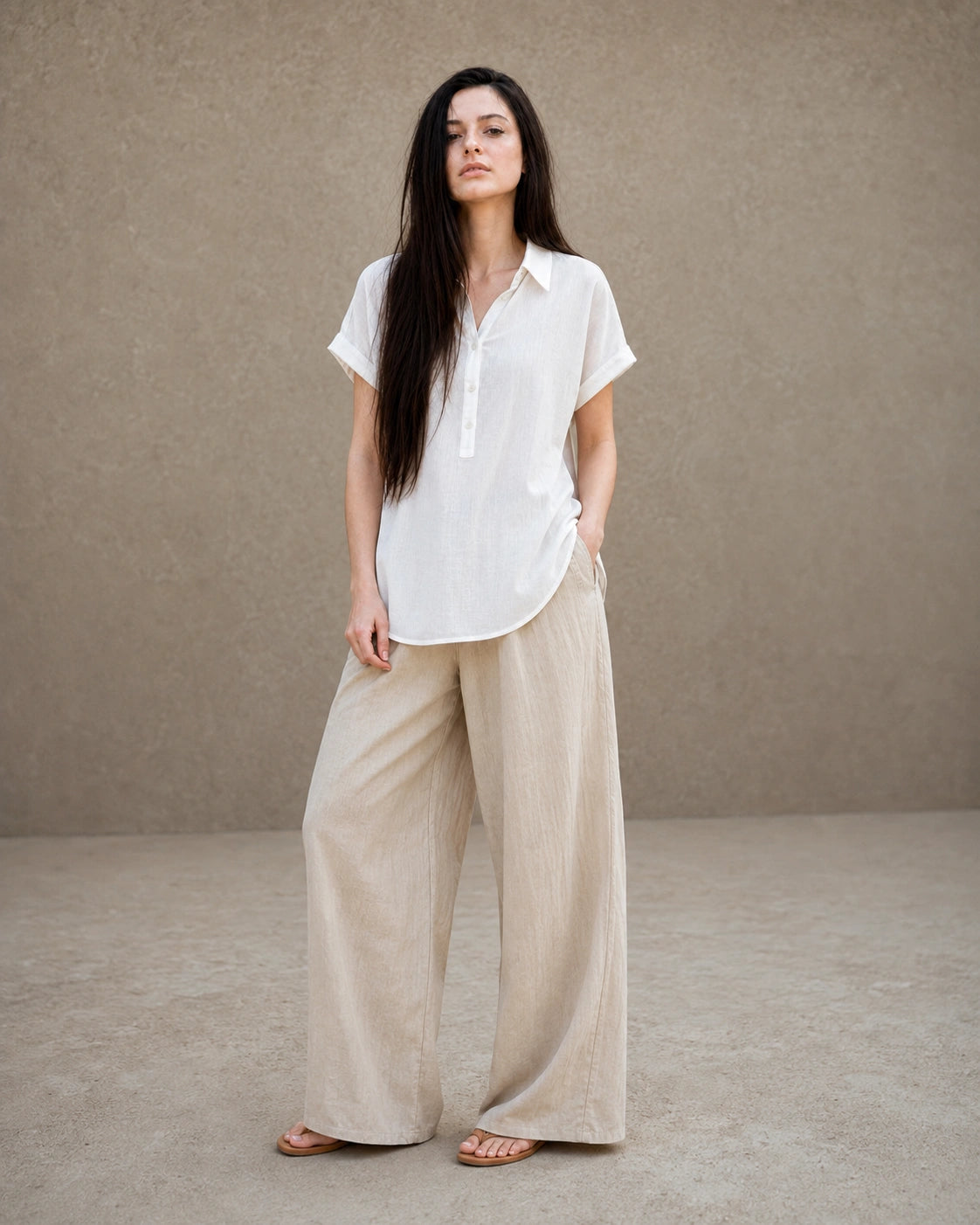 Volledige look van een vrouw in een wit linnen-lyocell blouse, gecombineerd met een wijde linnen broek.
