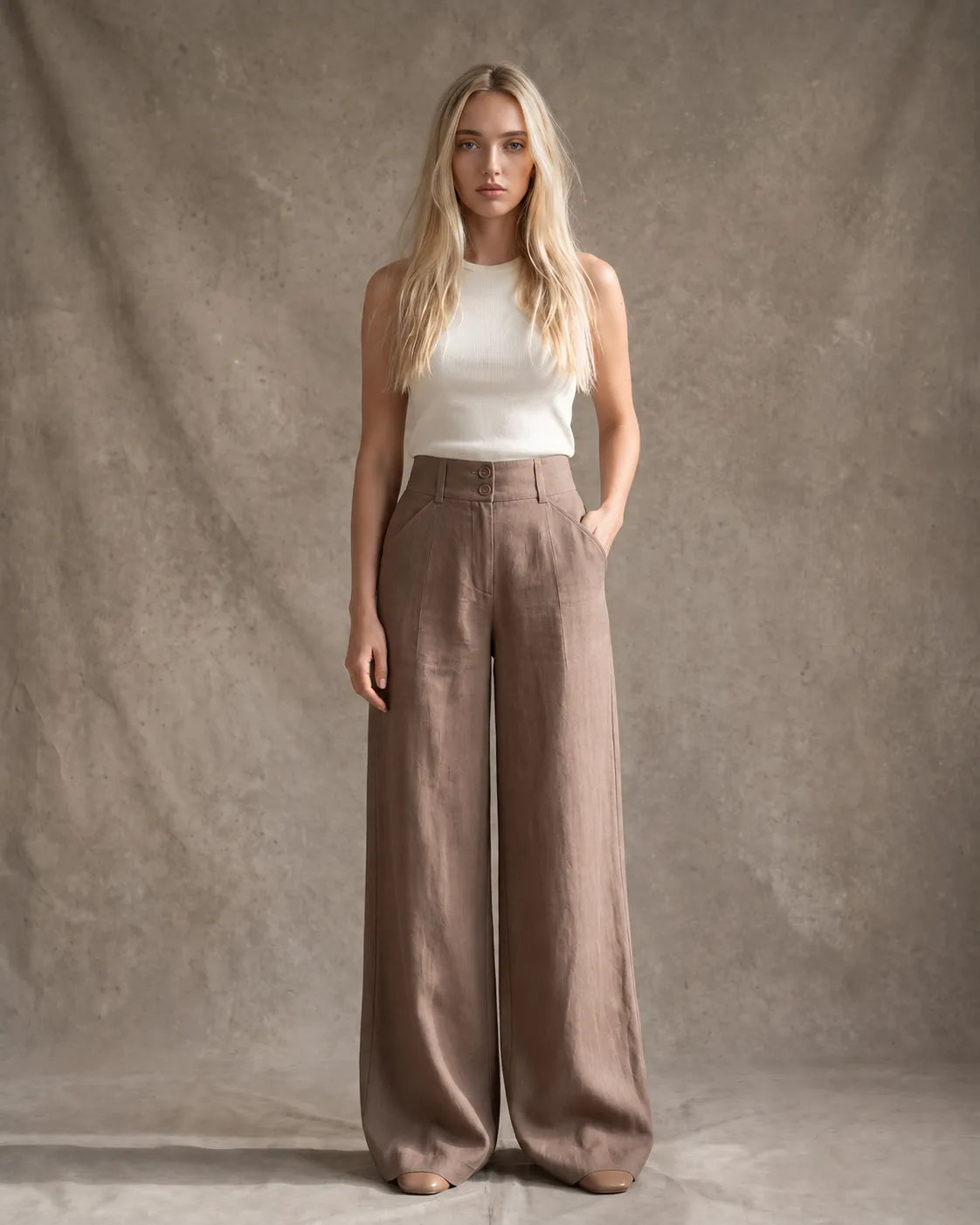 Model draagt een wijde broek dames in Khaki katoen-linnenmix met halfelastische taille en dubbele knoopsluiting, gestyled met een ivoorkleurig topje, vooraanzicht.