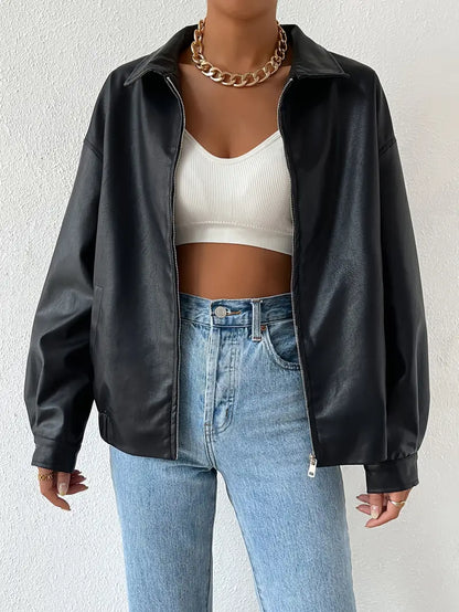 Faux Leather Jacket with Classic Collar
