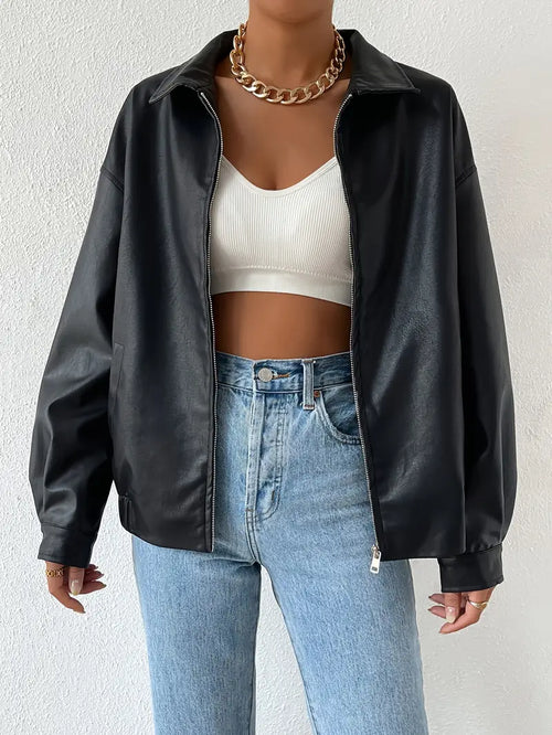Faux Leather Jacket with Classic Collar