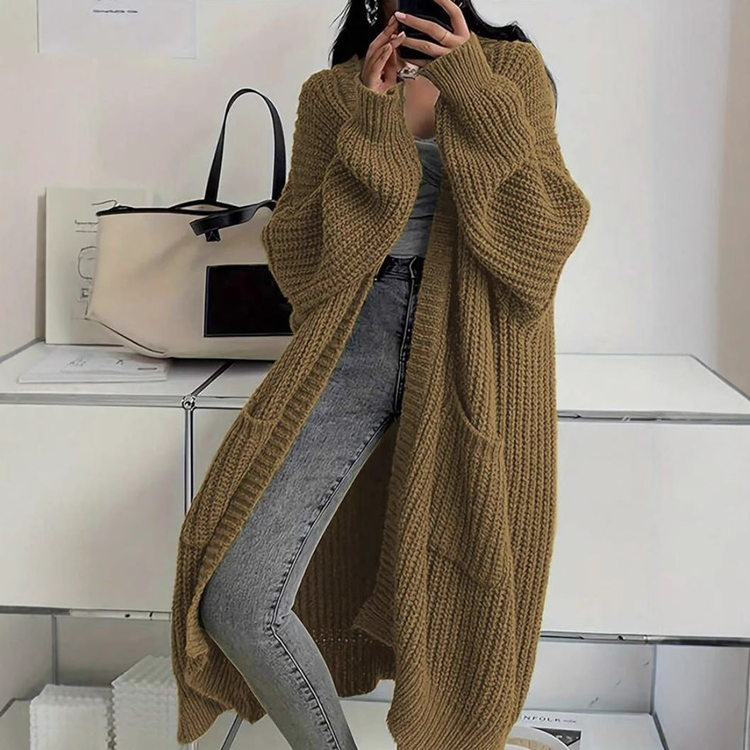 Long Open-Front Cardigan in Acrylic-Polyester Knit