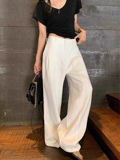 Womens High Waisted Linen Wide Leg Trousers