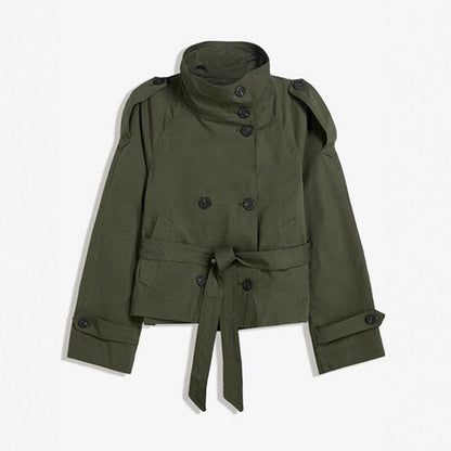 Double-Breasted Trench Coat with Tie Belt, Retro Collar