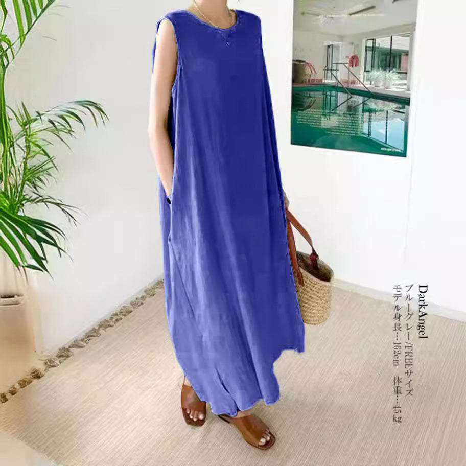 Linen Blend Round Neck Sleeveless Mid-Length Dress