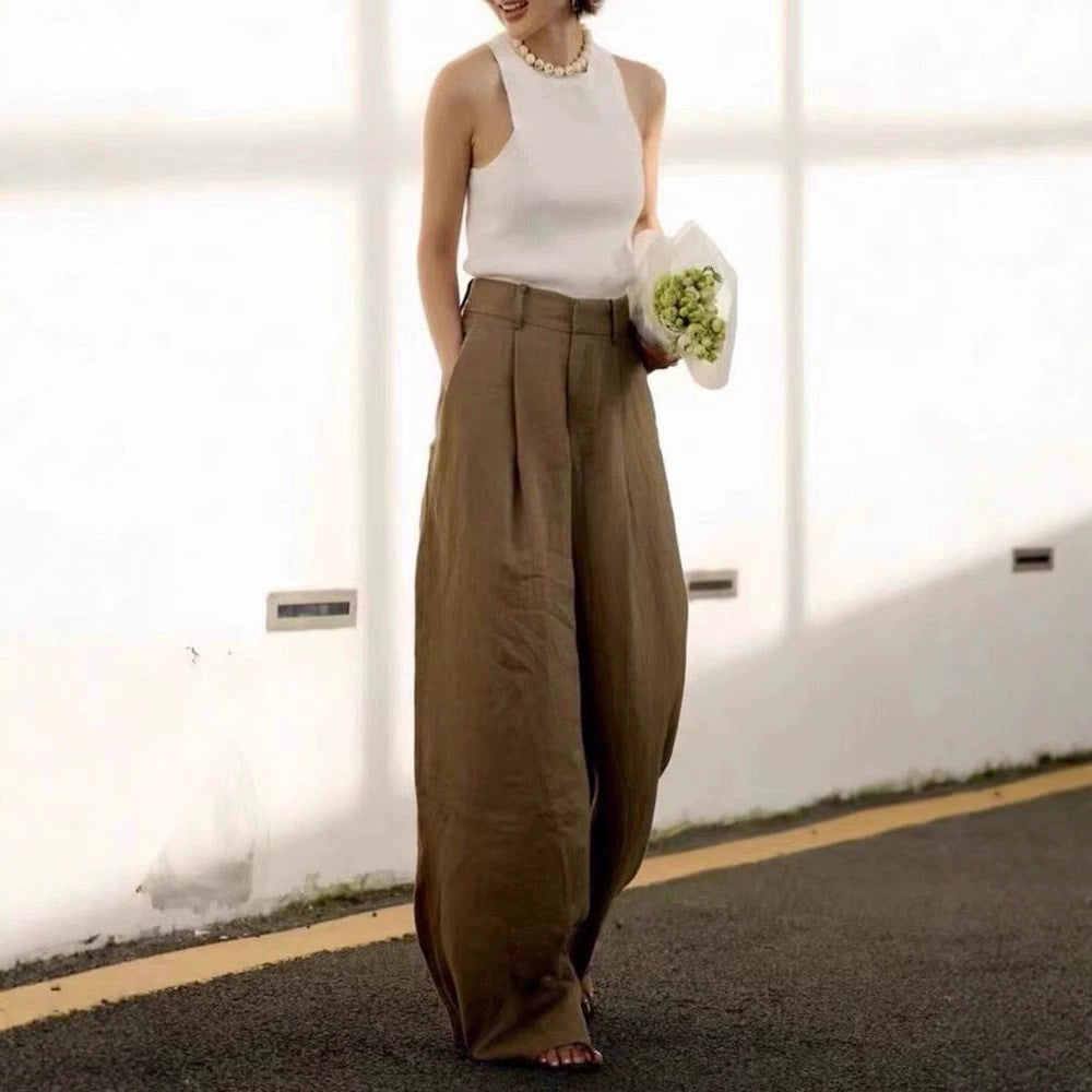 Womens High Waist Linen Wide Leg Pants