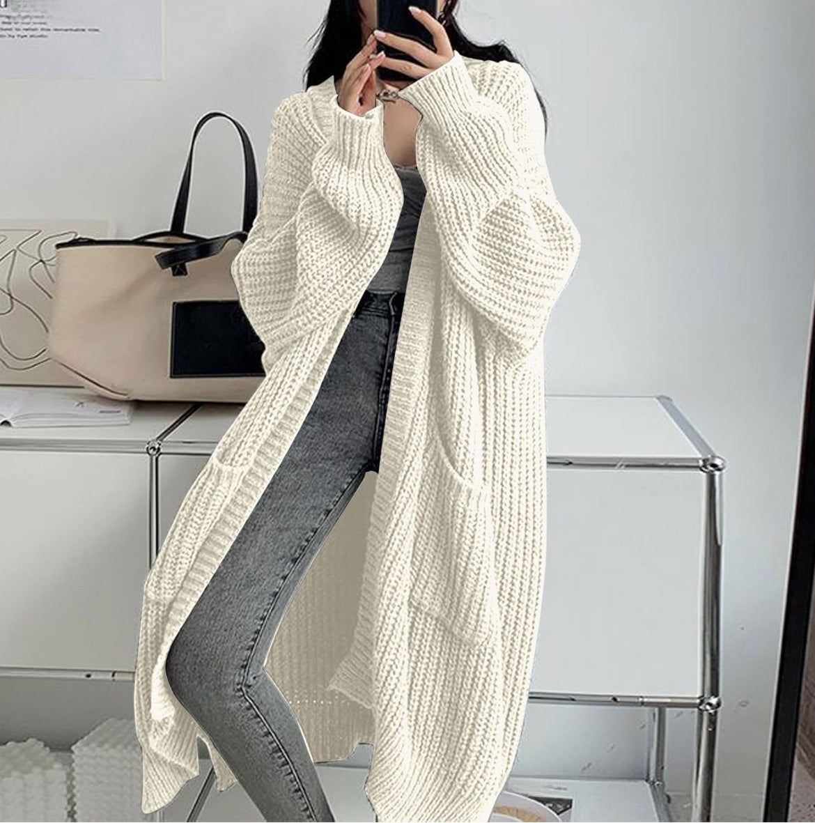 Long Open-Front Cardigan in Acrylic-Polyester Knit