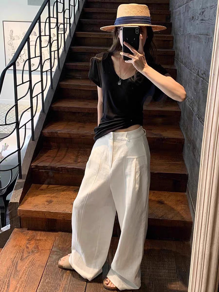 Womens High Waisted Linen Wide Leg Trousers