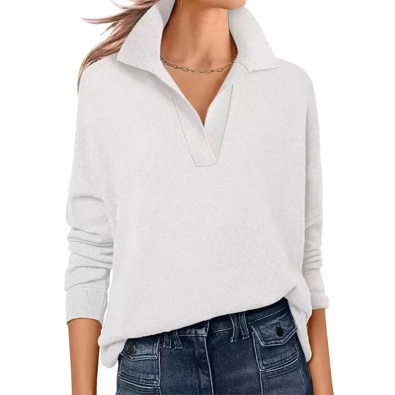 Fine-Knit Sweater with Polo Collar and V-Neck