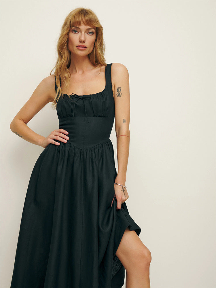 Linen Square Collar Mid-Length Dress