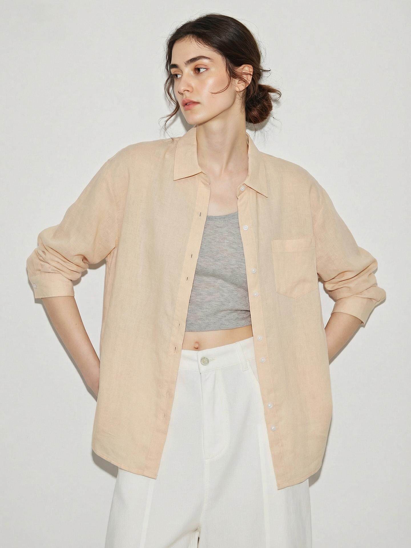 Womens Tencel Linen Cardigan Shirt Button Up Solid Color