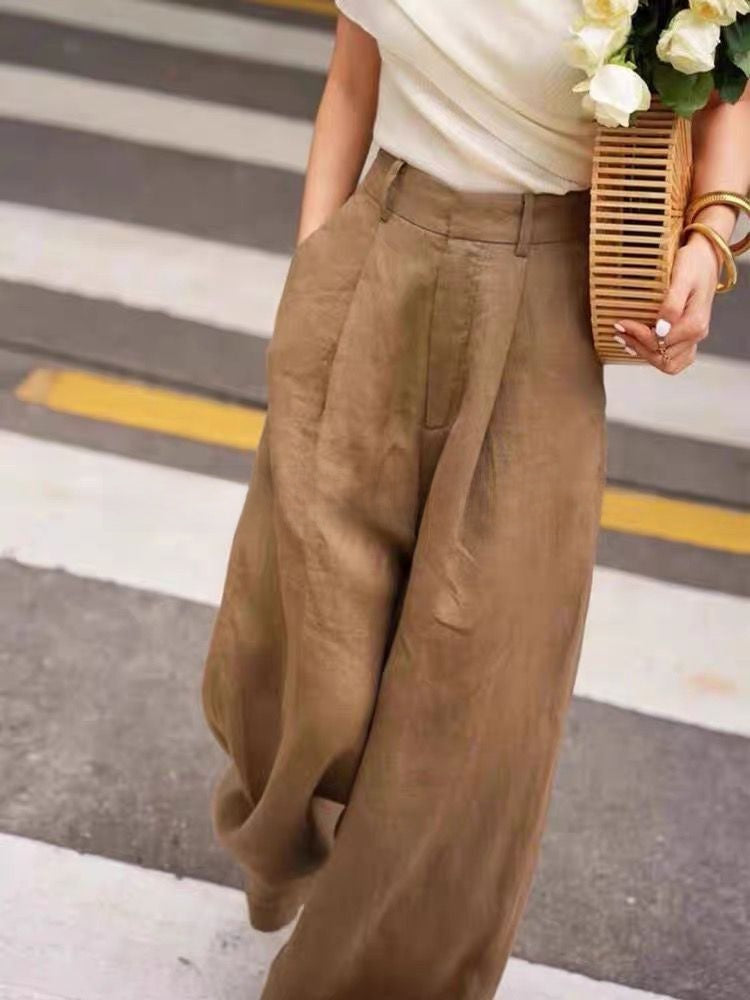 Womens High Waist Linen Wide Leg Pants