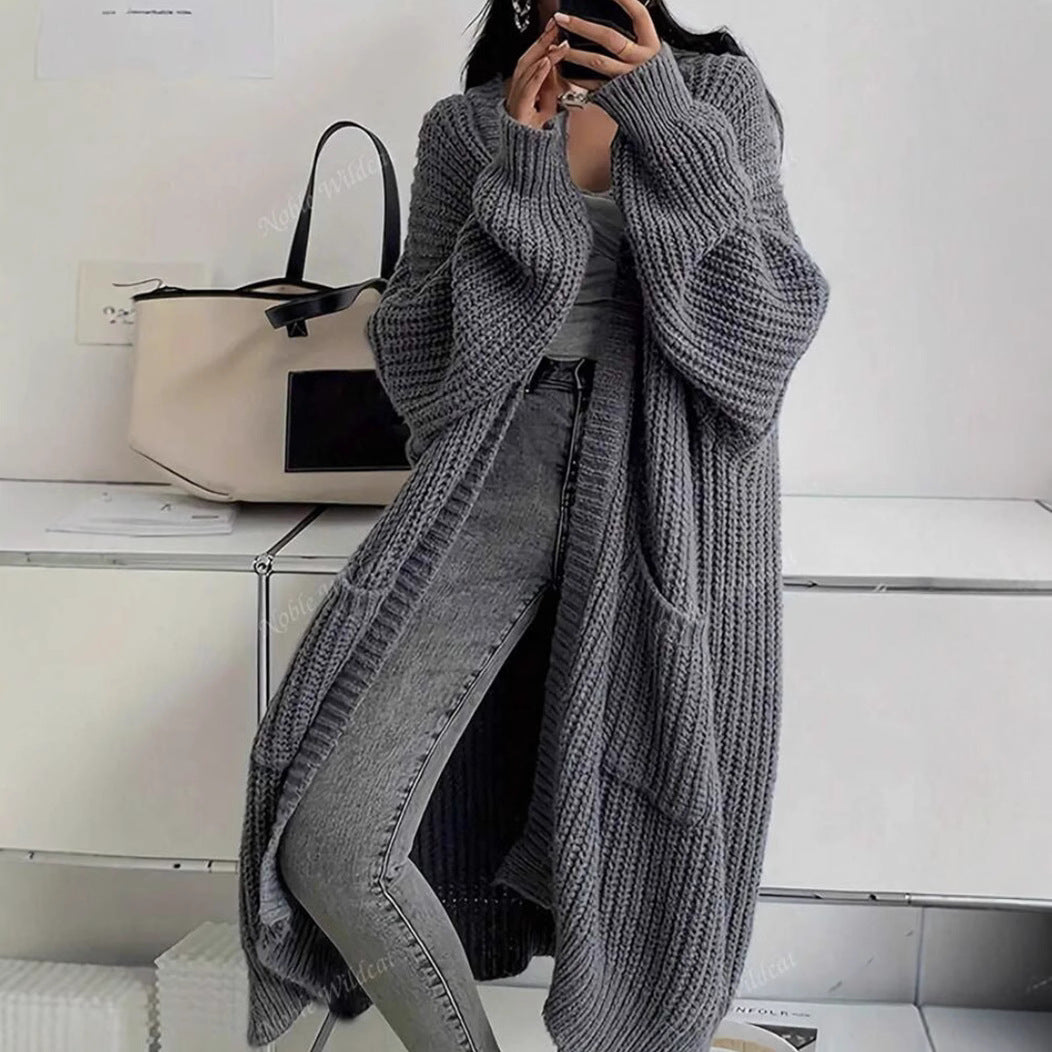 Long Open-Front Cardigan in Acrylic-Polyester Knit