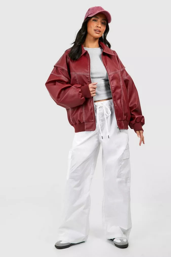 Oversized Faux Leather Jacket with Zip Closure