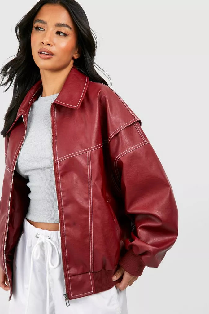 Oversized Faux Leather Jacket with Zip Closure