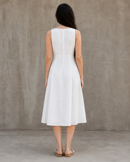 Back view of a white linen-cotton midi dress with a round neckline and A-line skirt, shown on a model.