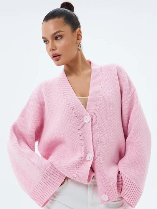 Acrylic Blend Knit Cardigan with V-Neck