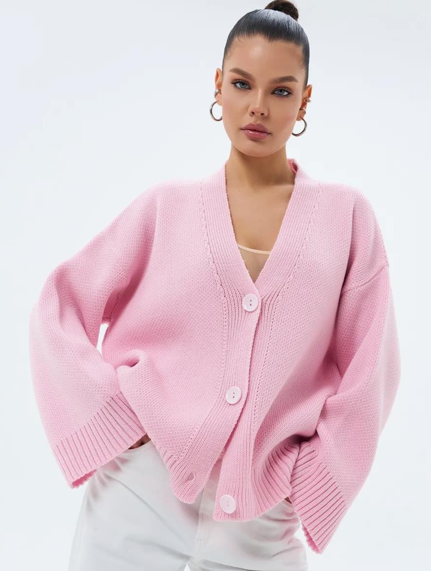Acrylic Blend Knit Cardigan with V-Neck - product photo 2