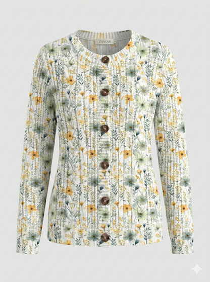 Button-Front Cardigan with 3D Print and Long Sleeves