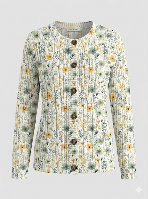 Button-Front Cardigan with 3D Print and Long Sleeves