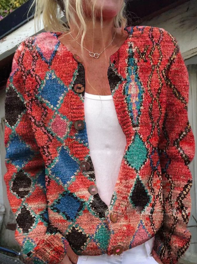 Button-Front Cardigan with 3D Print and Long Sleeves - product photo 7