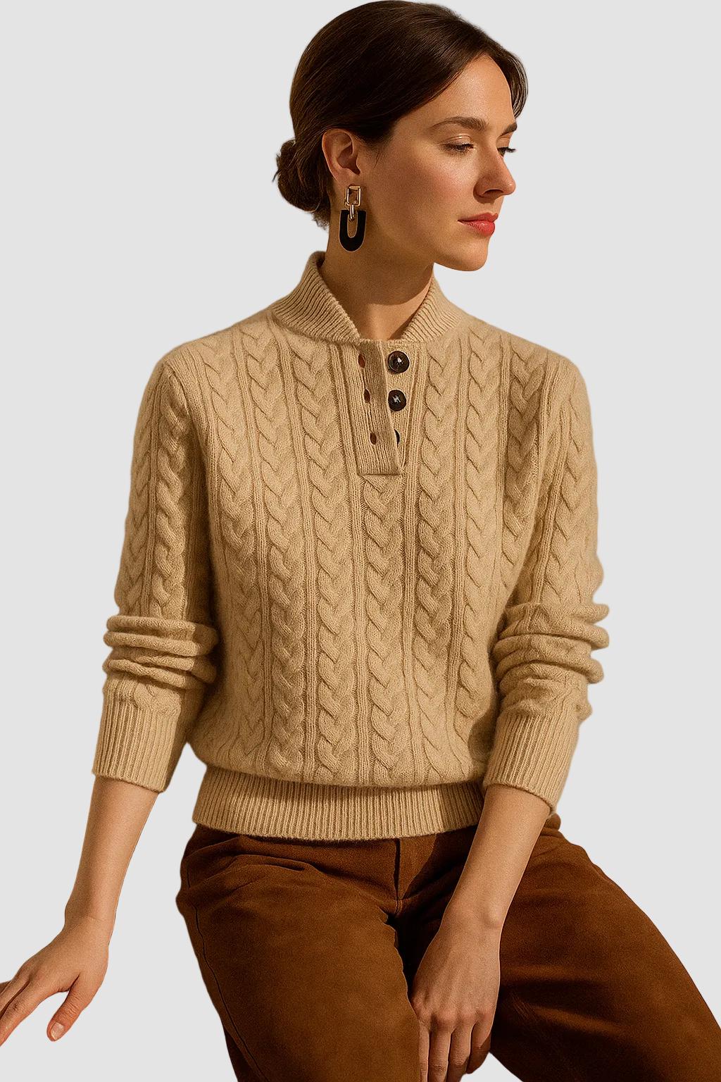 Cable-Knit Sweater with Button Neckline, Regular Fit