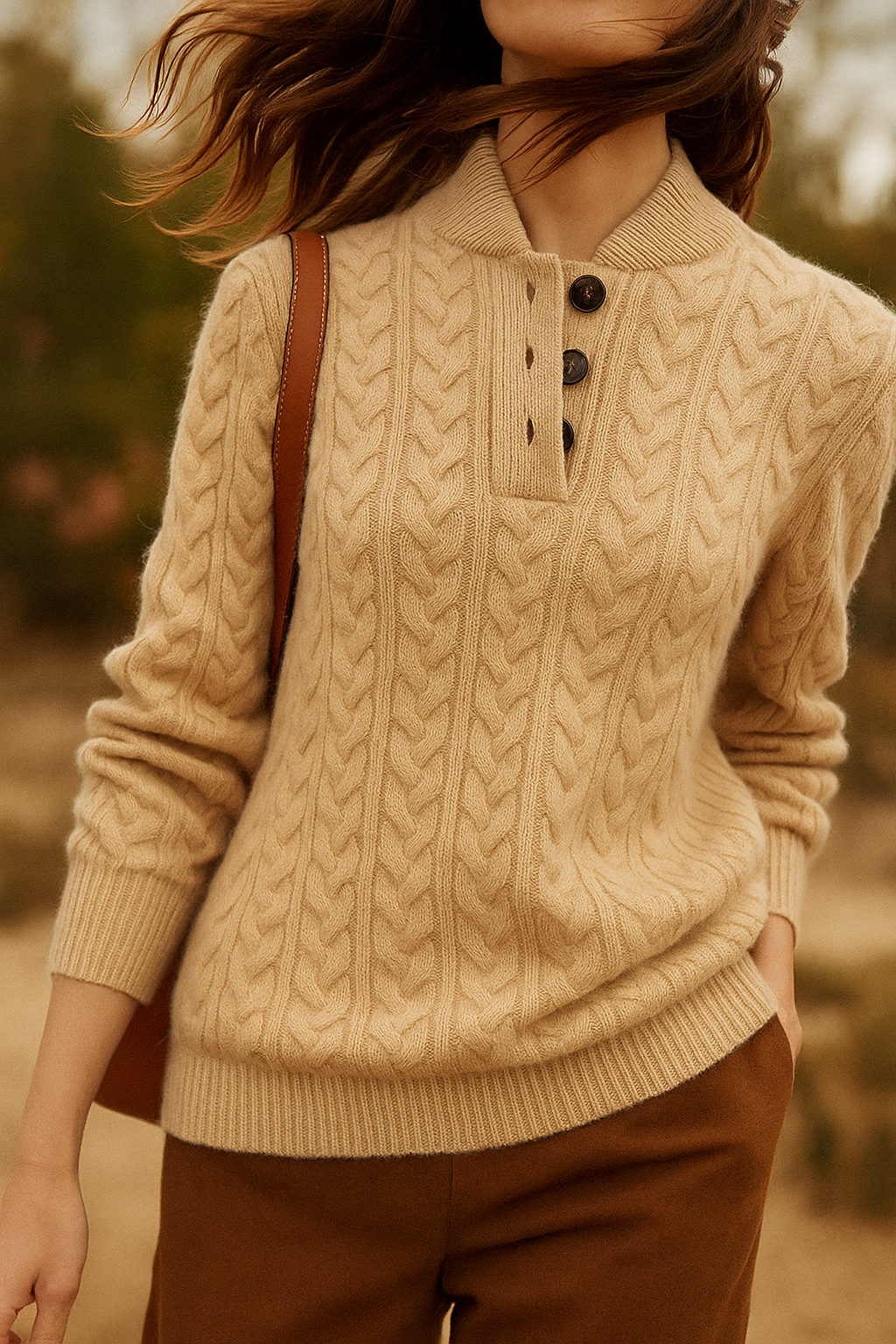 Cable-Knit Sweater with Button Neckline, Regular Fit - product photo 10