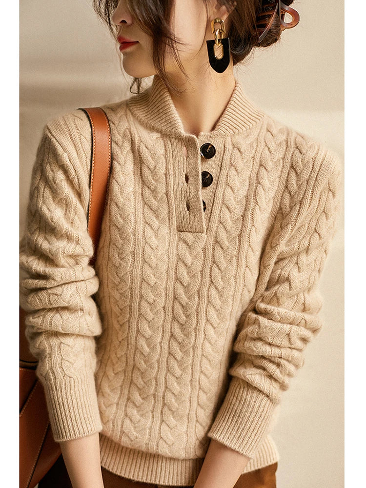 Cable-Knit Sweater with Button Neckline, Regular Fit - product photo 11