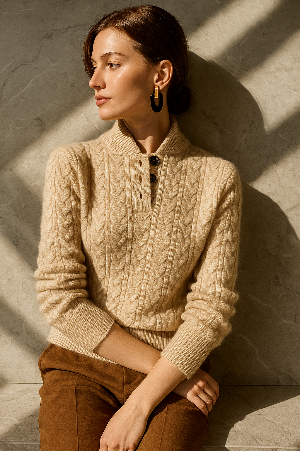 Cable-Knit Sweater with Button Neckline, Regular Fit - product photo 12