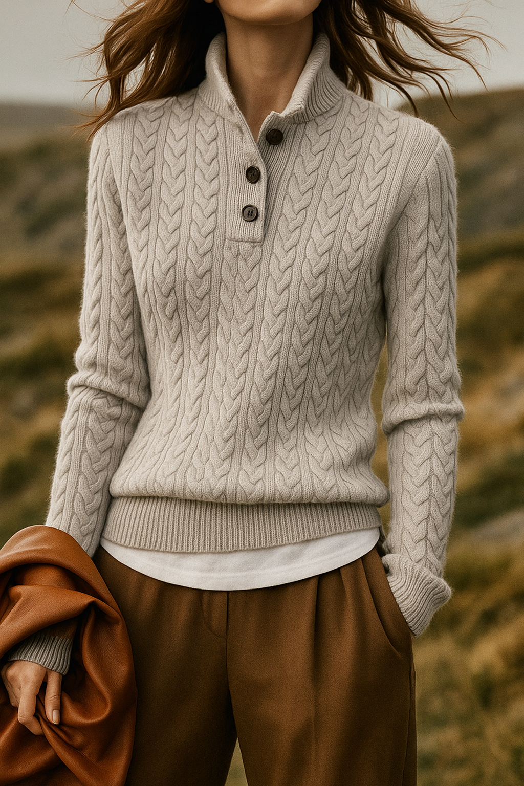 Cable-Knit Sweater with Button Neckline, Regular Fit - product photo 13