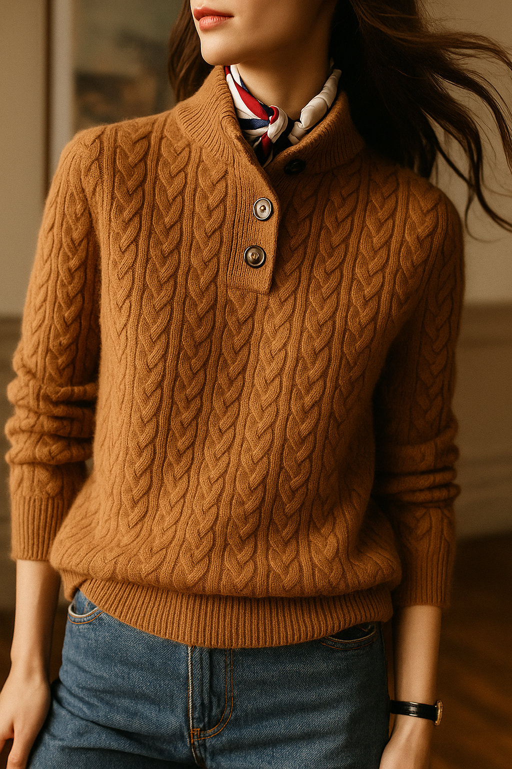 Cable-Knit Sweater with Button Neckline, Regular Fit - product photo 3