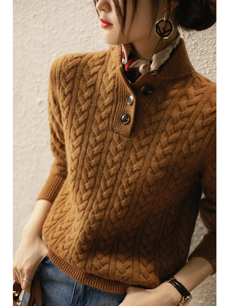 Cable-Knit Sweater with Button Neckline, Regular Fit - product photo 4