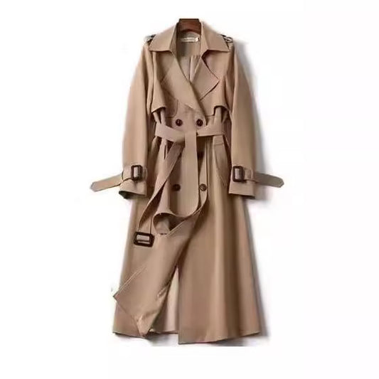 Double-Breasted Trench Coat with Notched Lapel and Tie Belt
