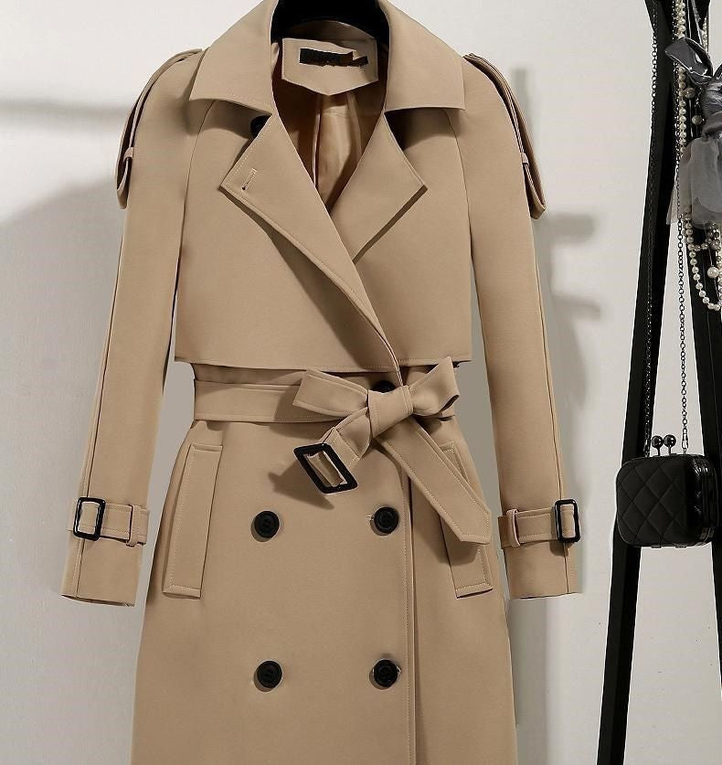 Double-Breasted Trench Coat with Notched Lapel and Tie Belt - product photo 59