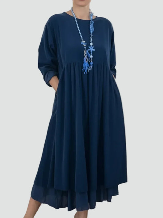Elegant Midi Dress with Loose Fit and Long Sleeves