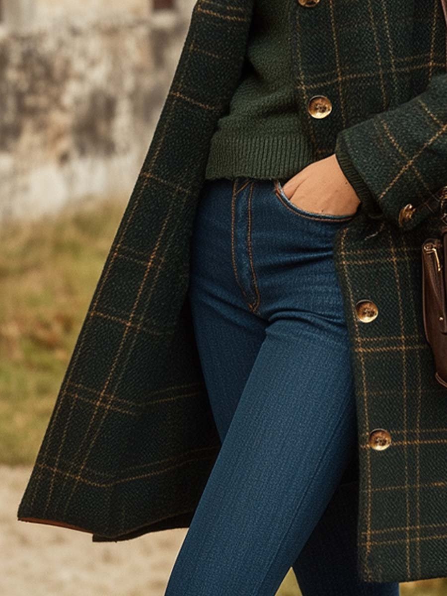 Fitted Checked Coat with Button Closure, Winter - product photo 3