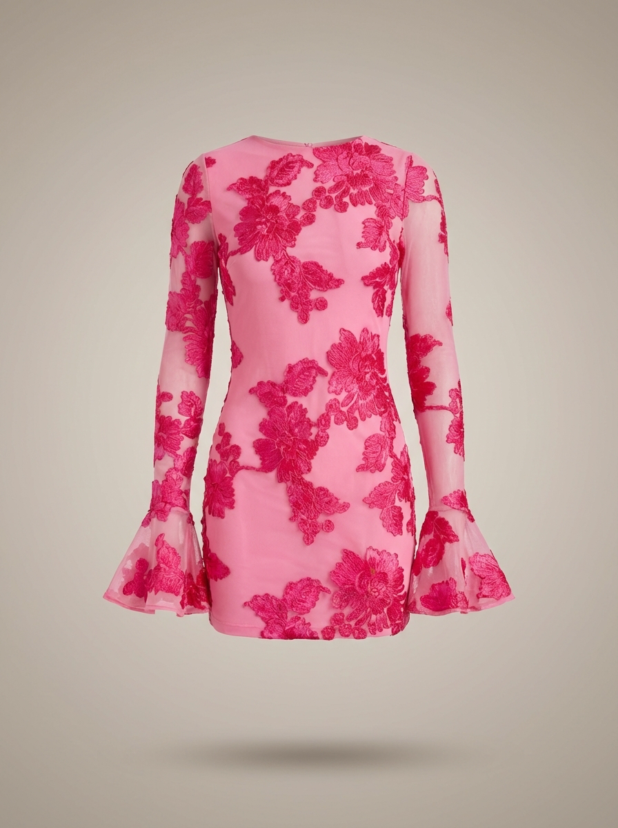 Fitted Mini Dress with Floral Print and Flare Sleeves - product photo 4