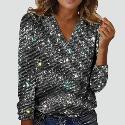 Glitter Blouse with V-Neck and Long Sleeves