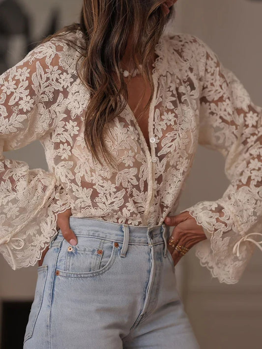 Lace Blouse with Button Closure and Cuffed Sleeves