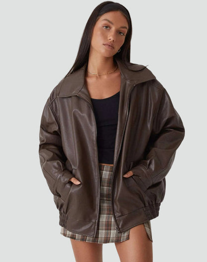 Leather-Look Oversized Bomber Jacket