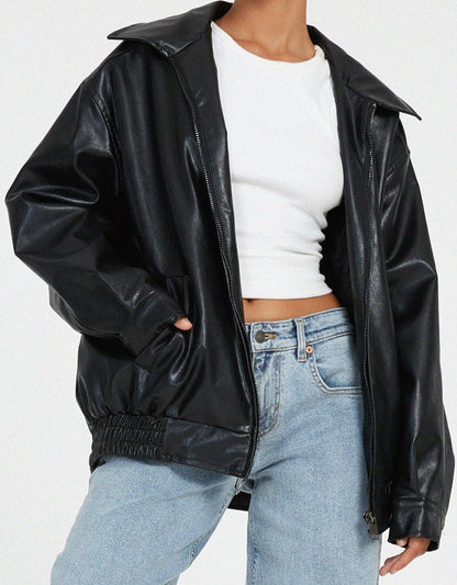 Leather-Look Oversized Bomber Jacket - product photo 7