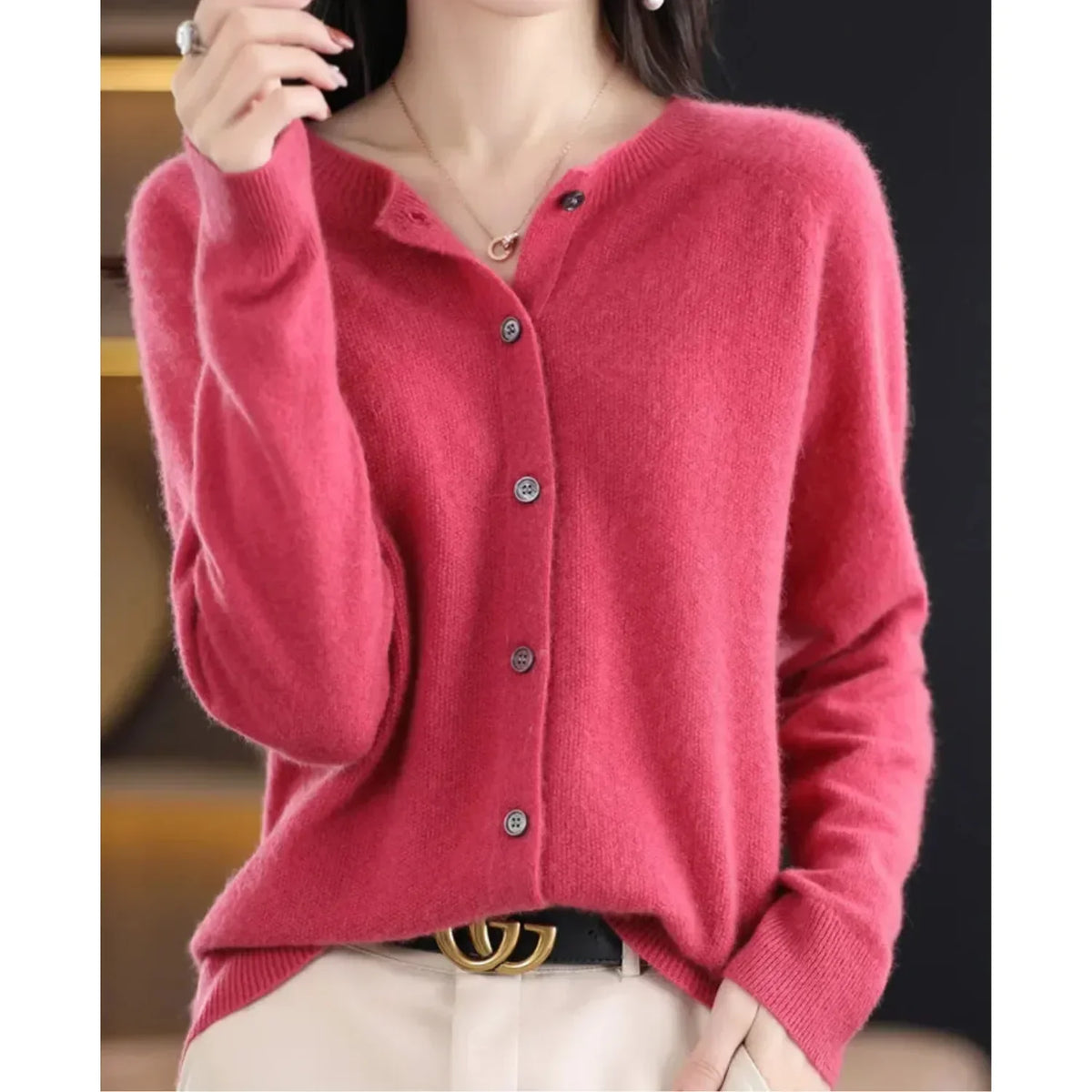 Merino Wool Cardigan with Button Closure and Long Sleeves