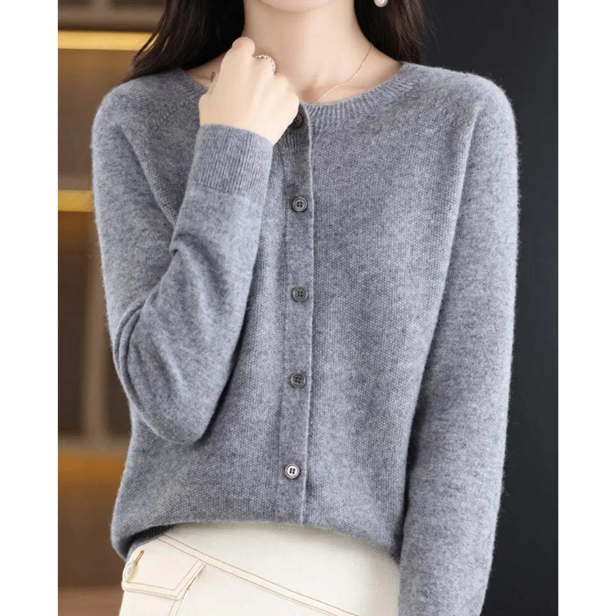 Merino Wool Cardigan with Button Closure and Long Sleeves - product photo 7