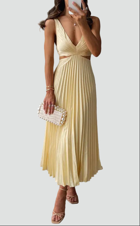 Midi Gala Dress with Pleated Skirt and Waist Cutout