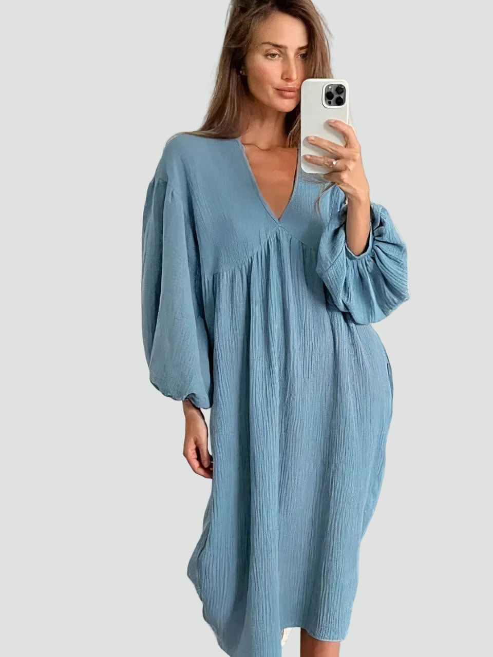 Midi Nightgown with V-Neck and Puff Sleeves